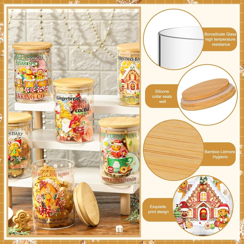 Shellwei 6 Pcs Christmas Glass Storage Jar with Airtight Bamboo Lid Gingerbread Man Clear Cookie Candy Storage Christmas Canister Set 19oz for Kitchen Containers Countertop Decoration - Image 4